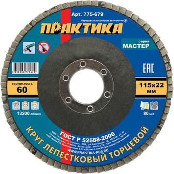 Круг лепестковый шлифовальный ПРАКТИКА 115 х 22 мм Р 60 (1шт.) , серия Мастер