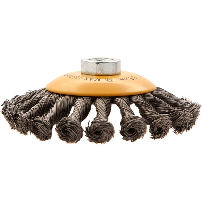 Кордщетка для УШМ DENZEL с наклоном радиальная витая нержавеющая 125мм х М14 (пров.0,5мм)