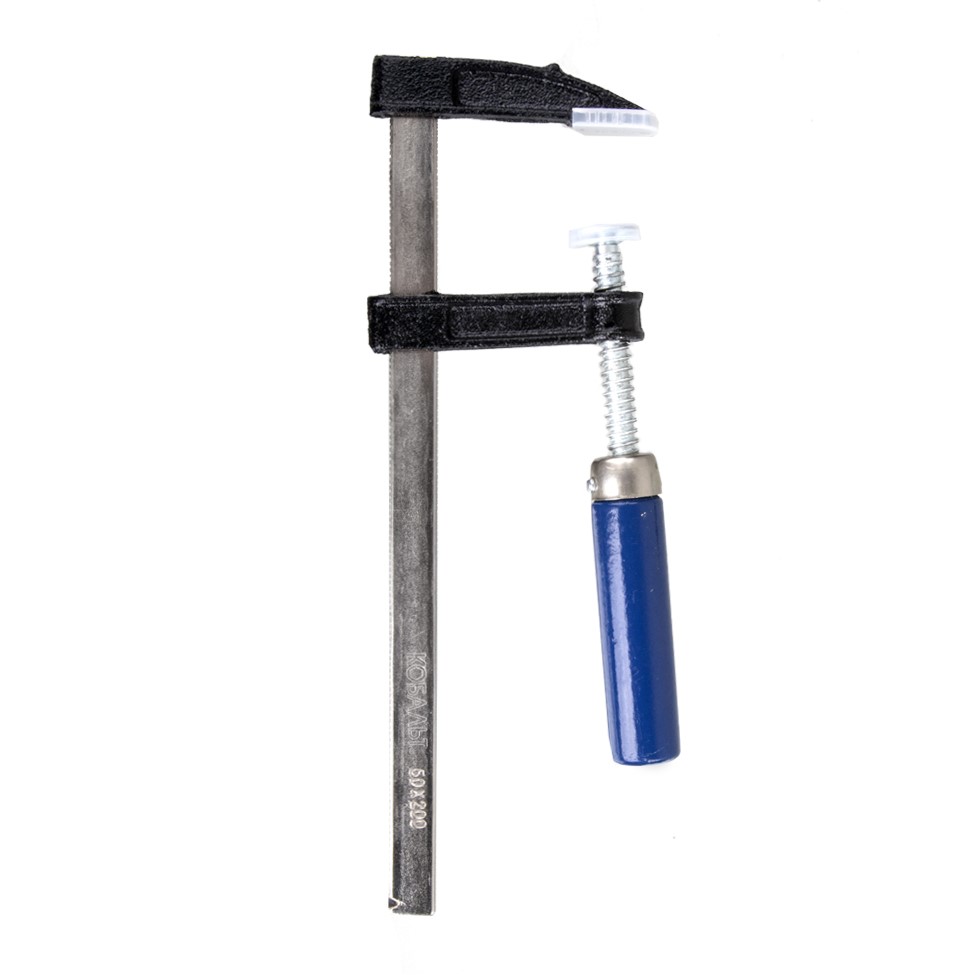 Струбцина F-образная КОБАЛЬТ 50 x 200мм, усилие 100кгс, деревянная рукоятка (чугун, сталь 45)