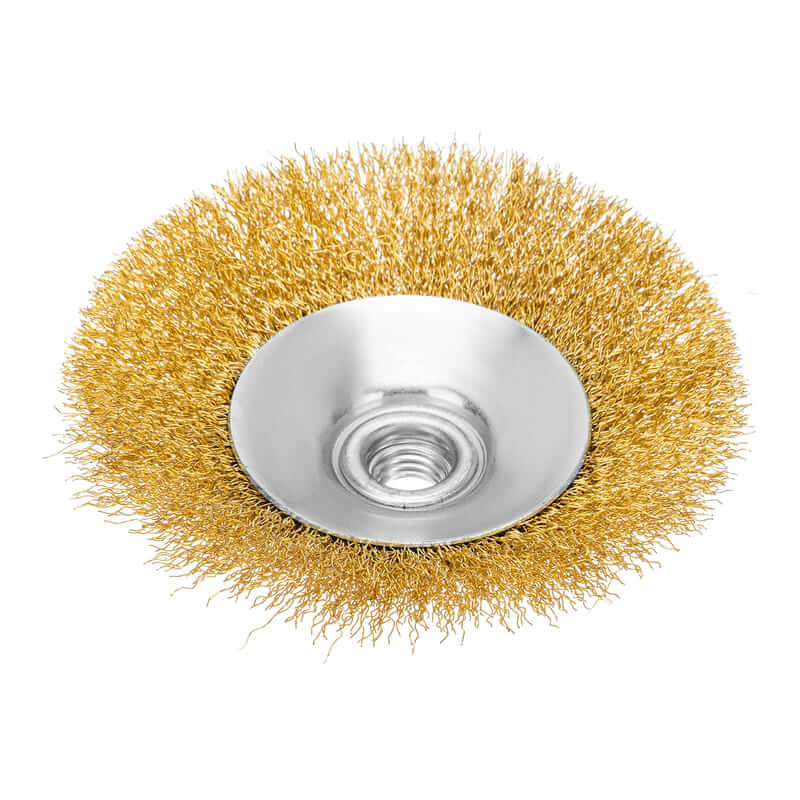 Кордщетка для УШМ DENZEL с наклоном радиальная мягкая нержавеющая латунированная 125мм х М14 (пров.0,3мм)