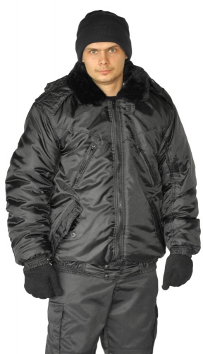 Куртка мужская на поясе "Охрана" зимняя черная (с капюшоном)