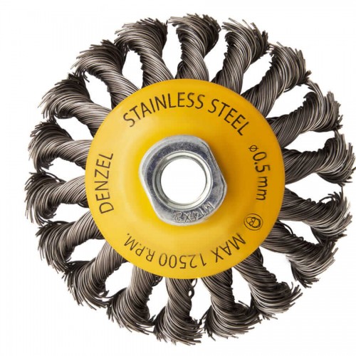 Кордщетка для УШМ DENZEL с наклоном радиальная витая нержавеющая 100мм х М14 (пров.0,5мм)