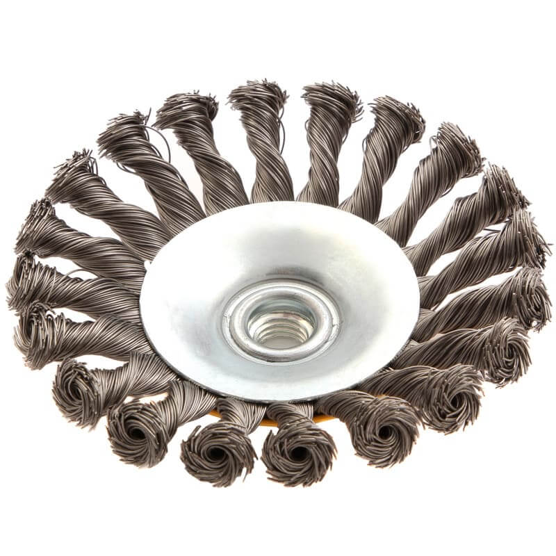 Кордщетка для УШМ DENZEL с наклоном радиальная витая нержавеющая 125мм х М14 (пров.0,5мм)