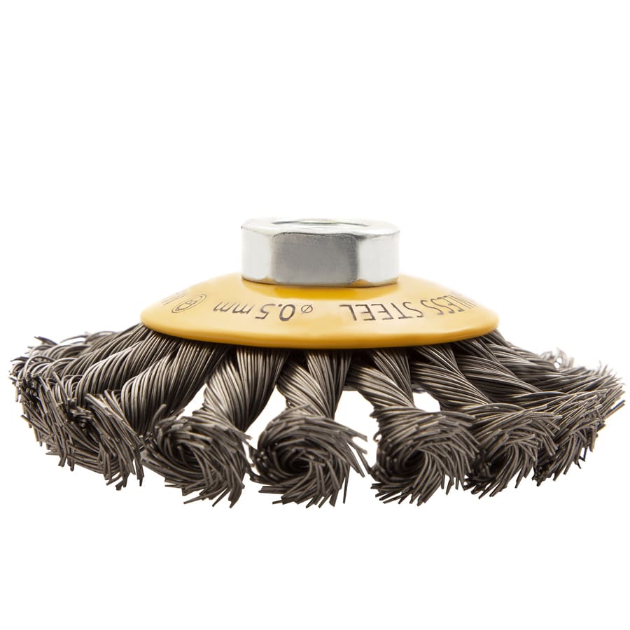 Кордщетка для УШМ DENZEL с наклоном радиальная витая нержавеющая 100мм х М14 (пров.0,5мм)