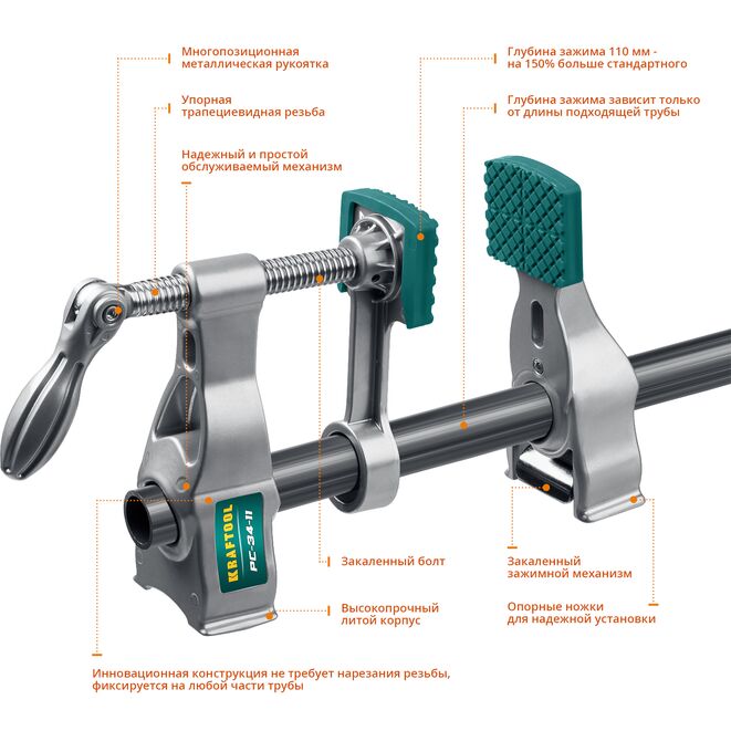 Струбцина KRAFTOOL PC-34-11, трубная 3/4", усилие до 500кгс