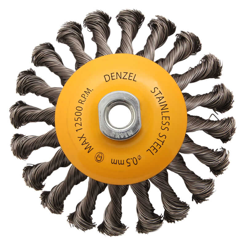 Кордщетка для УШМ DENZEL с наклоном радиальная витая нержавеющая 125мм х М14 (пров.0,5мм)