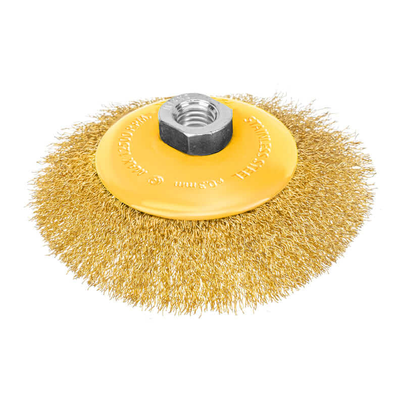 Кордщетка для УШМ DENZEL с наклоном радиальная мягкая нержавеющая латунированная 125мм х М14 (пров.0,3мм)