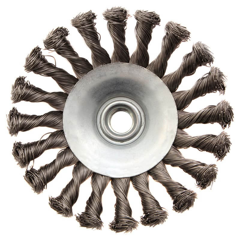 Кордщетка для УШМ DENZEL с наклоном радиальная витая нержавеющая 125мм х М14 (пров.0,5мм)