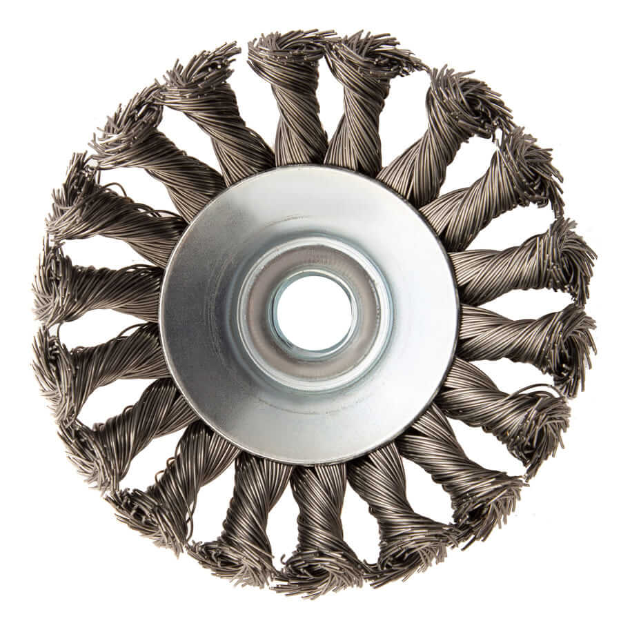 Кордщетка для УШМ DENZEL с наклоном радиальная витая нержавеющая 100мм х М14 (пров.0,5мм)