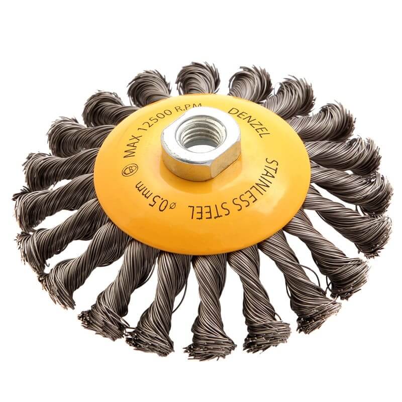 Кордщетка для УШМ DENZEL с наклоном радиальная витая нержавеющая 125мм х М14 (пров.0,5мм)