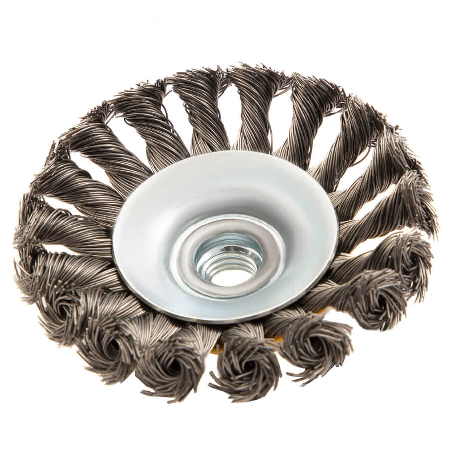 Кордщетка для УШМ DENZEL с наклоном радиальная витая нержавеющая 100мм х М14 (пров.0,5мм)