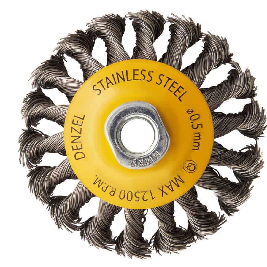 Кордщетка для УШМ DENZEL с наклоном радиальная витая нержавеющая 100мм х М14 (пров.0,5мм)