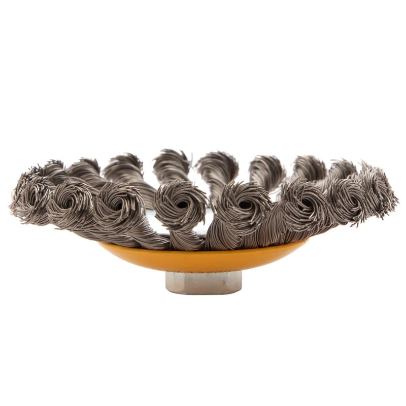 Кордщетка для УШМ DENZEL с наклоном радиальная витая нержавеющая 125мм х М14 (пров.0,5мм)