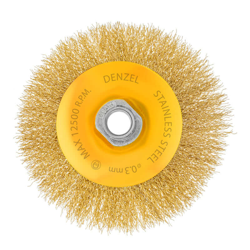 Кордщетка для УШМ DENZEL с наклоном радиальная мягкая нержавеющая латунированная 125мм х М14 (пров.0,3мм)