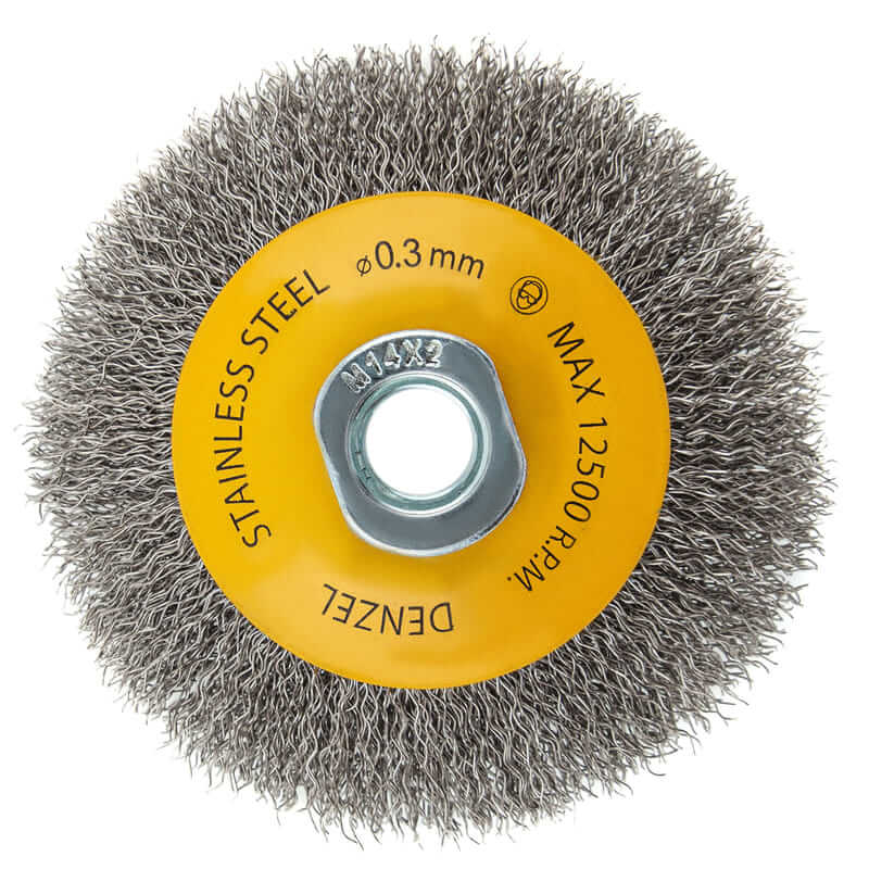 Кордщетка для УШМ DENZEL с наклоном радиальная мягкая нержавеющая 100мм х М14 (пров.0,3мм)