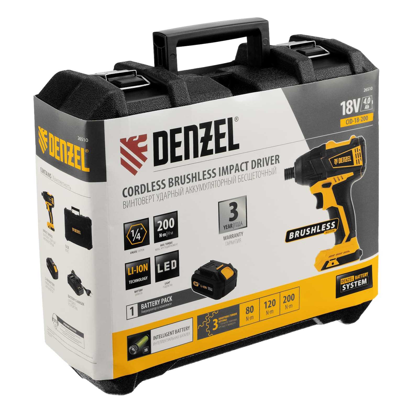 Аккумуляторный винтовёрт DENZEL CID-IB-200 (аккум. система Denzel Battery System 18V, бесщёточный, 1 АКБ)